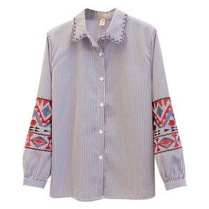 Embroidered Blouse Long Sleeves Cotton Women Shirts, Vertical Stripe